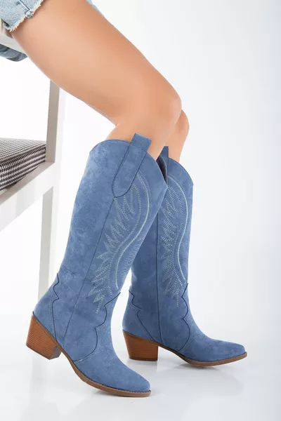 أزرق كحلي جينز دنيم ماتي من جلد الغزال مطرزة الغربية رعاة البقر الأحذية المسطحة