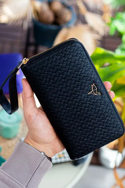 تيلبورغ مقبض المعصم القش متماسكة نمط محفظة سوداء مع الكثير من حاملي البطاقات