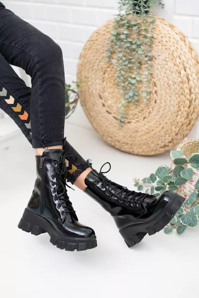 Zwarte Crinkle Lakleer Dames Laarzen 