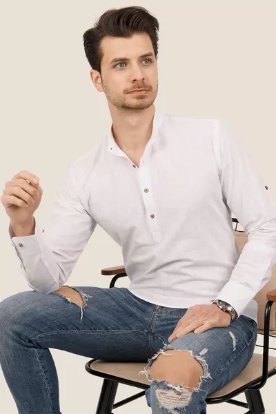 Het witte Overhemd van de Rechterkraag Linnen Drie Knoop Heren Met Giftdoos