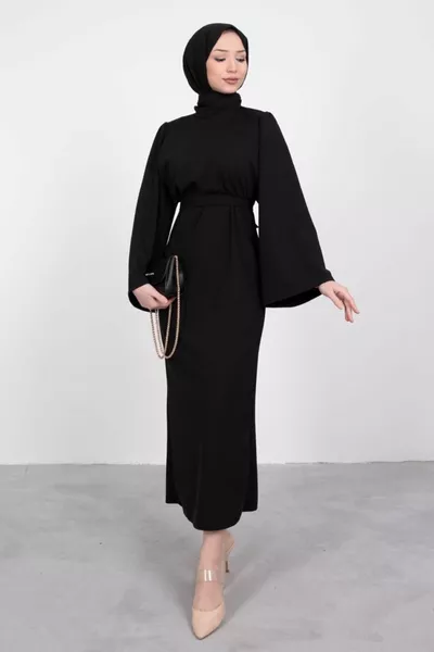 Vliegwiel Mouw Gordel Hijab Jurk Zwart