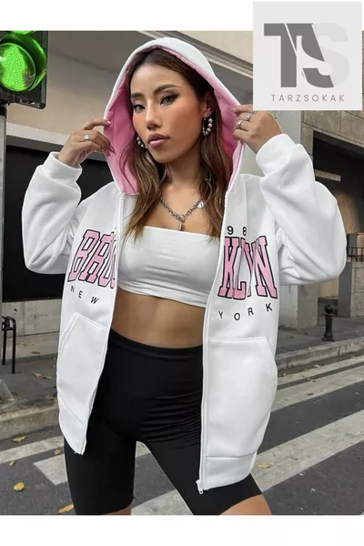 White Pink Hooded Zippered Brooklyn Oversize