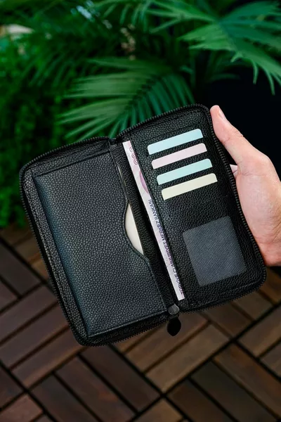 Unisex Leather Portfolio Card Holder Long Wallet Black With Phone Compartment
