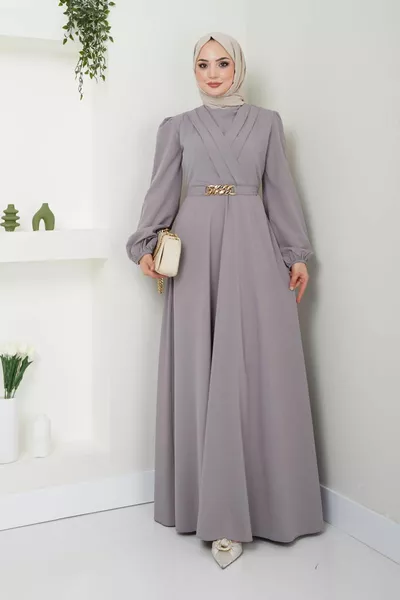 Хиджаб рокля с верижен колан сива