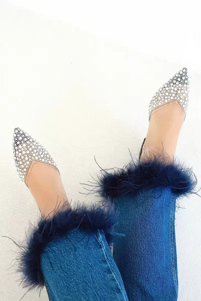 Perla Trasparente Pietra Dettagliata Perla Schiena Aperta Elasticizzato Corto Blocco Tacchi Mary Jane Scarpe Da Donna