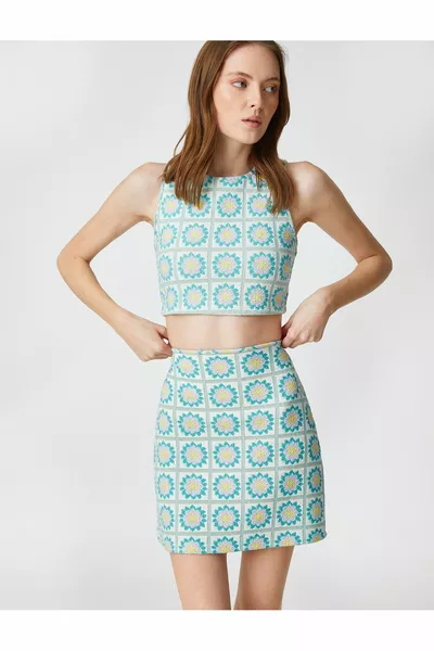 Çiçekli Mini Etek Dar Kesim