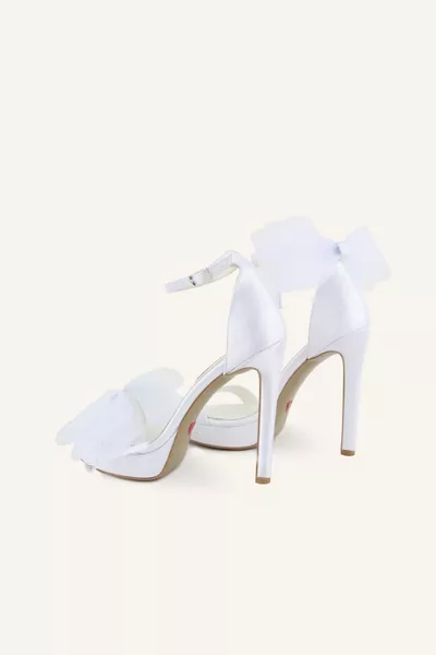 أبيض الساتان حزام نحيف منصة أحذية الزفاف ذات الكعب العالي