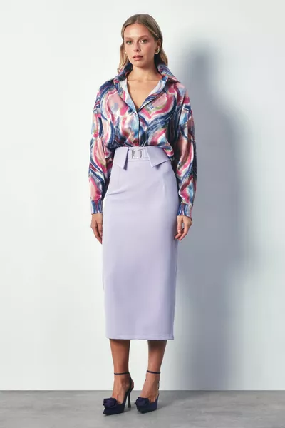 Комбинированная юбка миди с поясом - LİLA