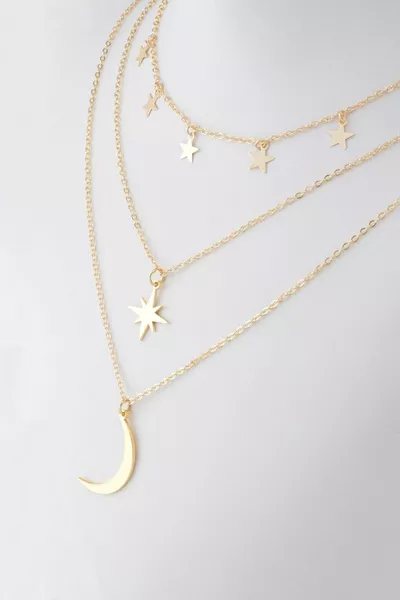 Gold Color Steel Pole Star and Crescent Figure Multi-Layered Combination Necklace