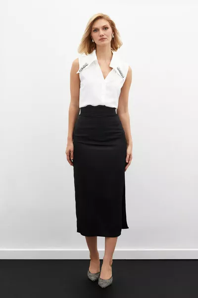 تنورة ستان مطوية على الخصر - أسود