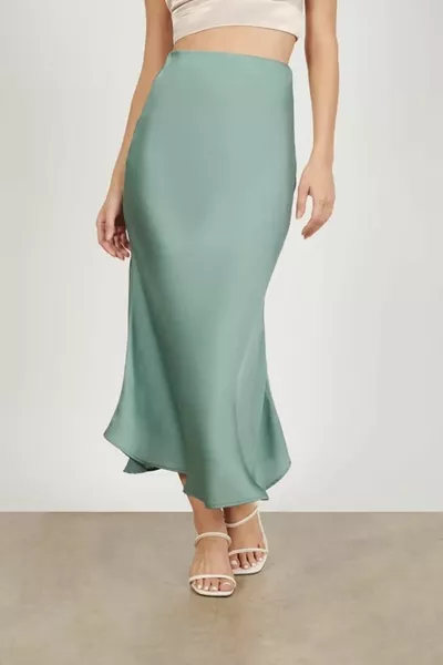 Green Satin Midi Length Skirt