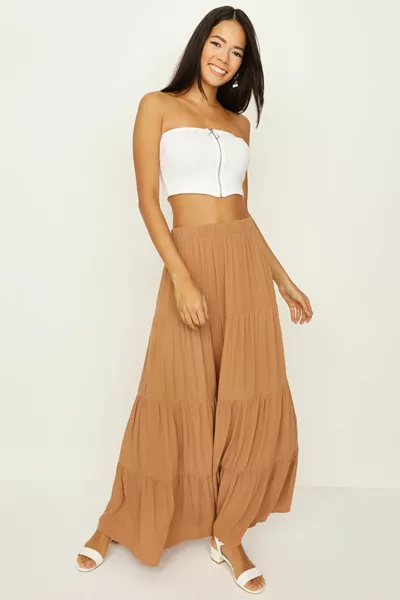 Дамска кафява макси пола с еластична талия