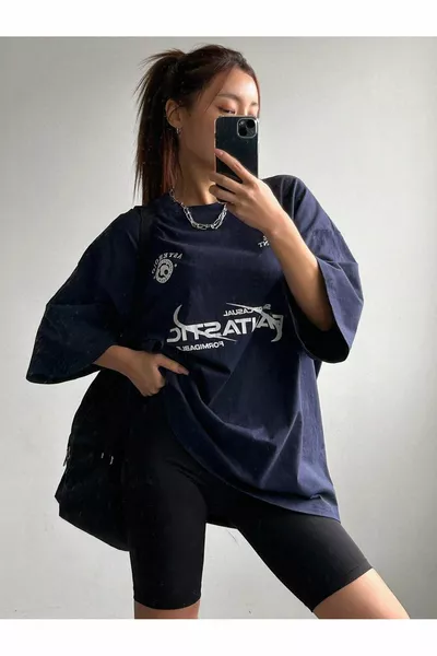 Fantastisches Single Jersey T-Shirt - Marineblau bedrucktes Oversize-T-Shirt mit Rundhalsausschnitt