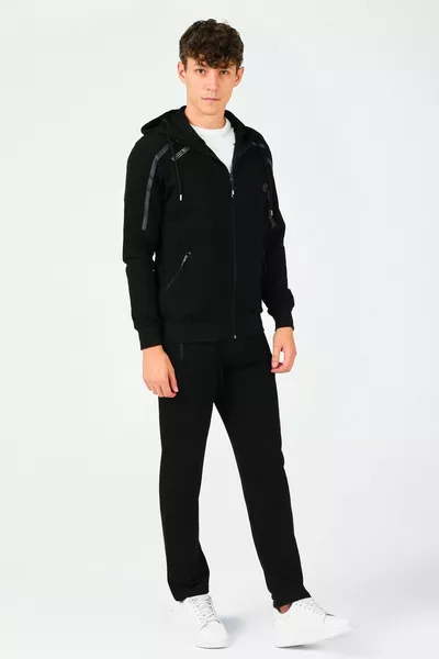 Мъжки оригинален анцуг с качулка черен