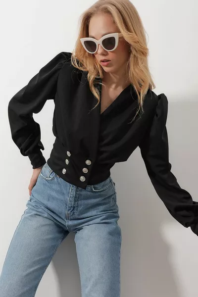 المرأة السوداء مزدوجة الصدر طوق الأميرة أزرار أكمام مفصلة بلوزة المحاصيل 