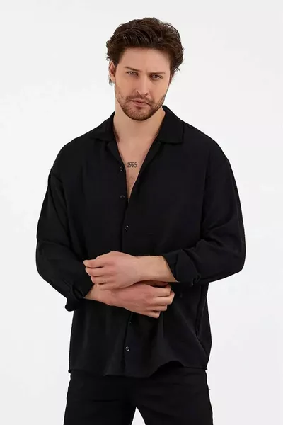 Зимняя сезонная льняная фактурная свободная рубашка свободного кроя с длинным рукавом оверсайз черная мужская рубашка