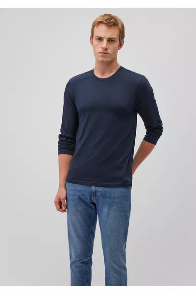 Long Sleeve Navy Blue Basic T-Shirt Fitted / Fitted Fit 