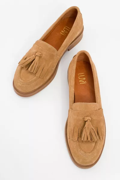 Milina Chaussures mocassins en cuir véritable pour femmes avec pompons en daim de sol