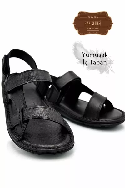 Натуральная натуральная кожа Velcro Мужские сандалии Шприц черный