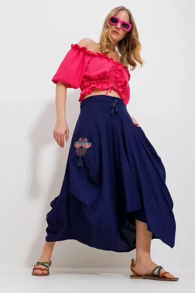 Women's Navy Blue Embroidered Double Pocket Baggy Cut Woven Skirt 