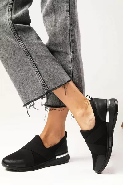 Leni Black Color Lycra Fabric Stretch Women Casual Casual Sports Sneaker Shoes, Mother Shoes