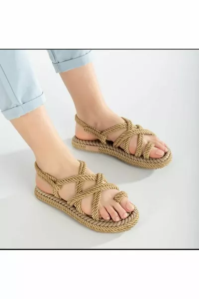 Дамски чехли Златни сандали с въже Дамски джапанки Ежедневни чехли Плетена прежда