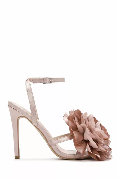 Women's Beige Ankle Strap Accessory Detailed Stiletto Heeled Sandals F