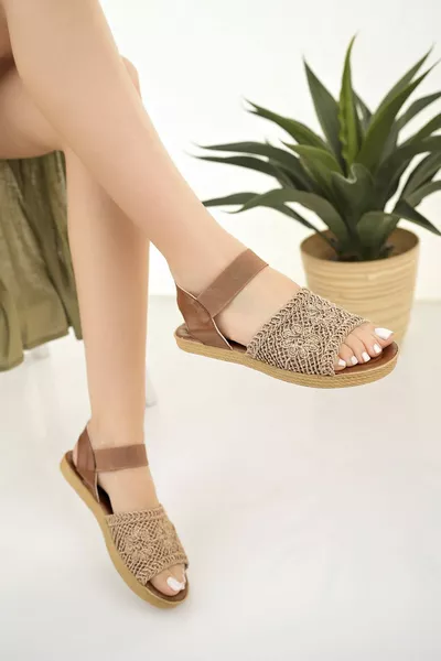 Sandales en paille pour femmes Tan Tricot Dentelle Tricots Broderie Nouvelle Saison Été Plage Vacances Sandales