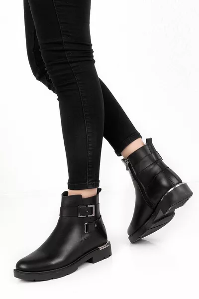 نسائي جلد أسود كعب معدني أحذية مفصلة Dgn.