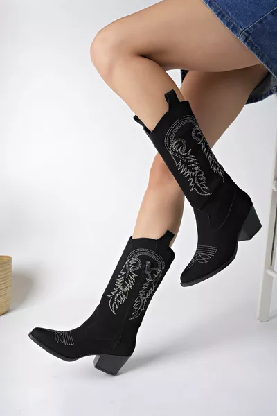 Black Suede Embroidered New Season Women's Cowboy Boots