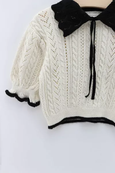 Damen Kragen Kurzarm Strickbluse Creme/schwarz