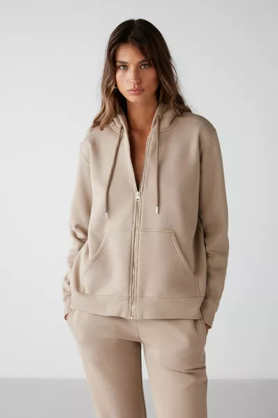 Carlota Kadın Yumuşacık Içi Polarlı 3 Iplik Relaxed Kapüşonlu Fermuarlı Vizon Sweatshirt