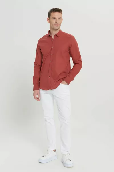 Men's Burgundy % Cotton Oxford Slim Fit Button Collar Flamed Shirt