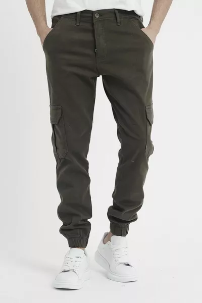 Pantaloni da uomo con tasca cargo kaki a vita alta con gamba elasticizzata