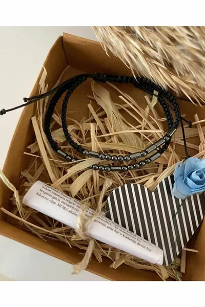 Bracelet en code Morse Pierre d’hématite Double boîte cadeau