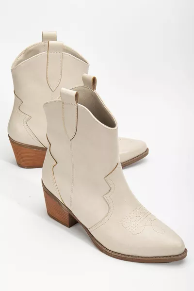 بيج كريم بشرة عارية جلد غير لامع أحذية رعاة البقر الغربية