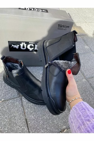 Triple  Men's Black Genuine Leather Casual Fur Thick Rubber Non-Slip Sole Daddy Winter Postal Boots