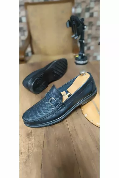 CHAUSSURES HOMME TRICOTÉ À LA MAIN EN CUIR VÉRITABLE ROK BLEU MARINE