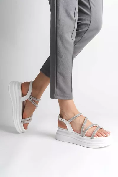 MokaShopin RILEY Orthopedic Sole Femmes Sandales BT Blanc avec Fine Boucle Stone Stripe