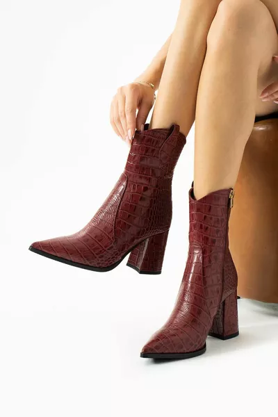 Women's Genuine Leather Croco Boots Burgundy