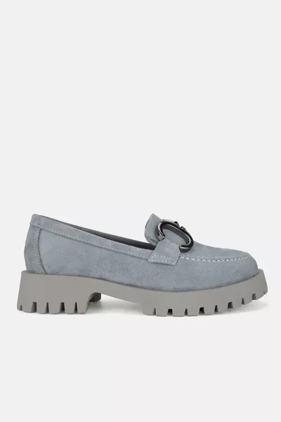 WOMEN'S GREY SUEDE GENUINE NATURAL LEATHER LOAFER SHOES WITH SIZE  BUCKLE