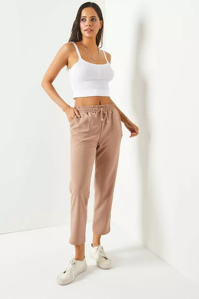 المرأة حليب القهوة الخصر مطاط جيب الجزر السراويل 