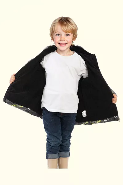 معطف شتوي مبطن للأطفال الأولاد، أصفر وأسود بنقشة رقمية، مقاوم للماء والرياح مع قبعة