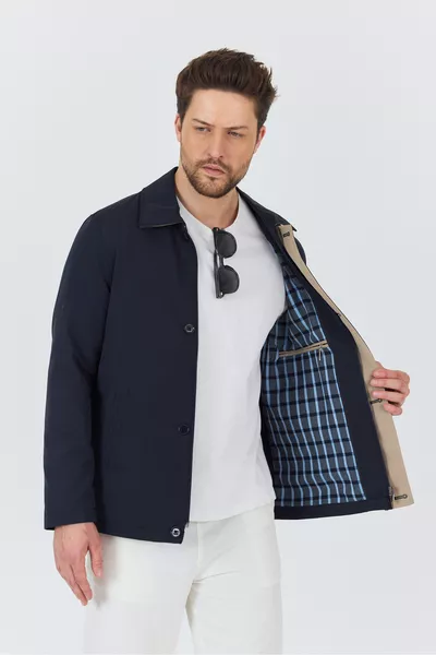 سترة رجالية صيفية من القطن باللون الأزرق الداكن على طريقة السافاري