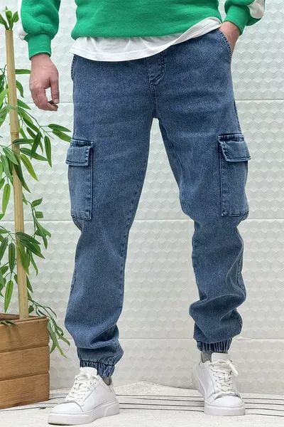 Erkek Boy Friend Kot Pantolon Kargo Cepli Bel Ve Paça Lastikli