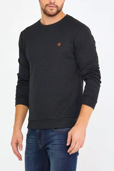 Men's Crew Neck Black Sweatshirt with Chest Embroidery Detail