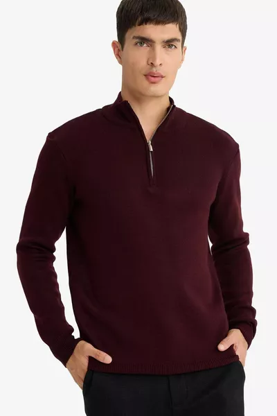 Стандартна кройка, нормален силует, пуловер с права яка и цип, основен плетен пуловер au