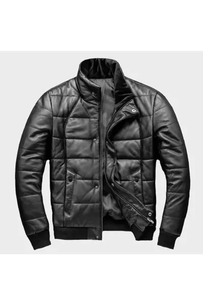 سترة رجالية سوداء مبطنة من جلد طبيعي