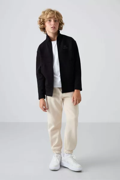 Sweat-shirt garçon en coton noir, épais, doublé en polaire, texture douce, coupe standard, brodé - 