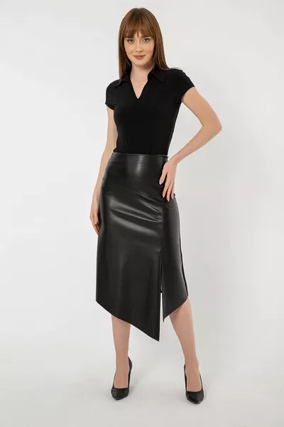 Black Asymmetric Cut Faux Shearling Leather Skirt with Slit